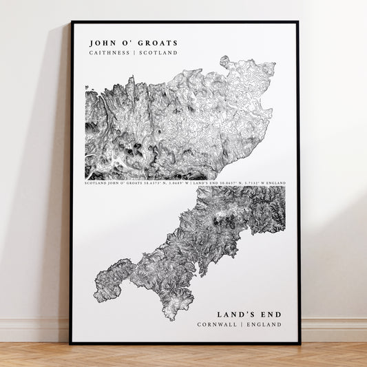 John O' Groats & Land's End Topographic Contour Map Print