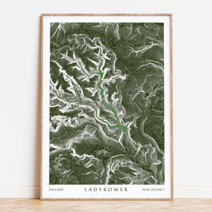 Lady Bower Reservoir Peak District Topographic Contour Map Print