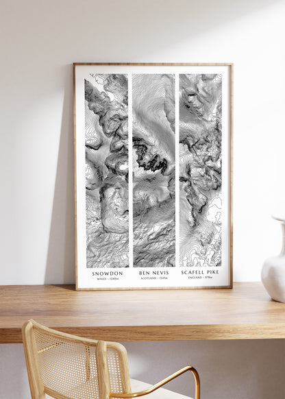 UK Three Peaks Topographic Contour Map Print