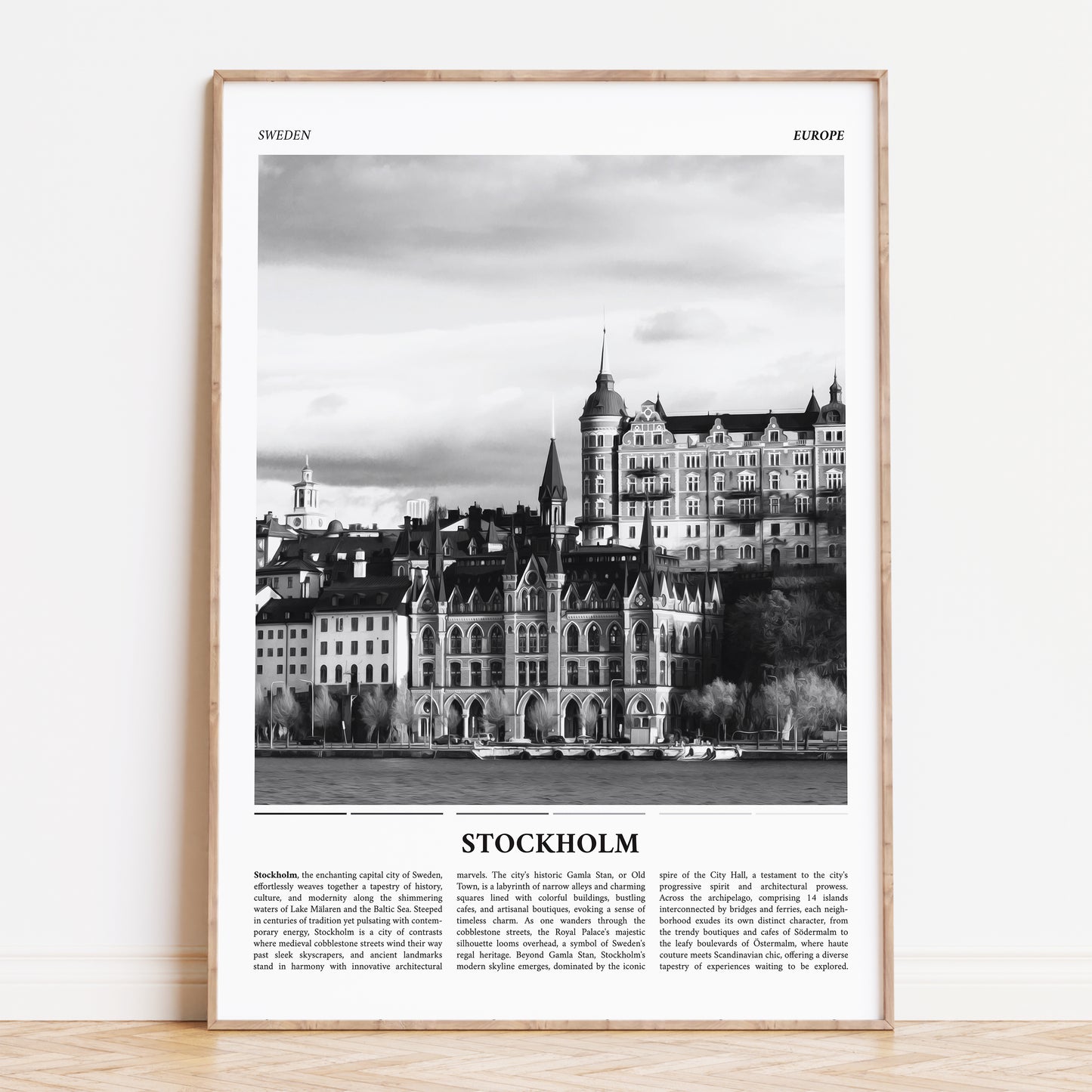 Stockholm Sweden Painting Style Travel Poster Print | Black & White